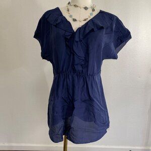 Anthropologie Vanessa Virginia Women's Sz 8 Blue 100% Silk Ruffle Blouse